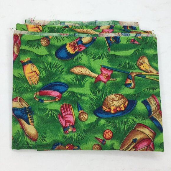 FQ Fat Quarter Quilting Fabric 18" x 22" Golf Golfing Bag Clubs Shoes Green Blue - Picture 2 of 6